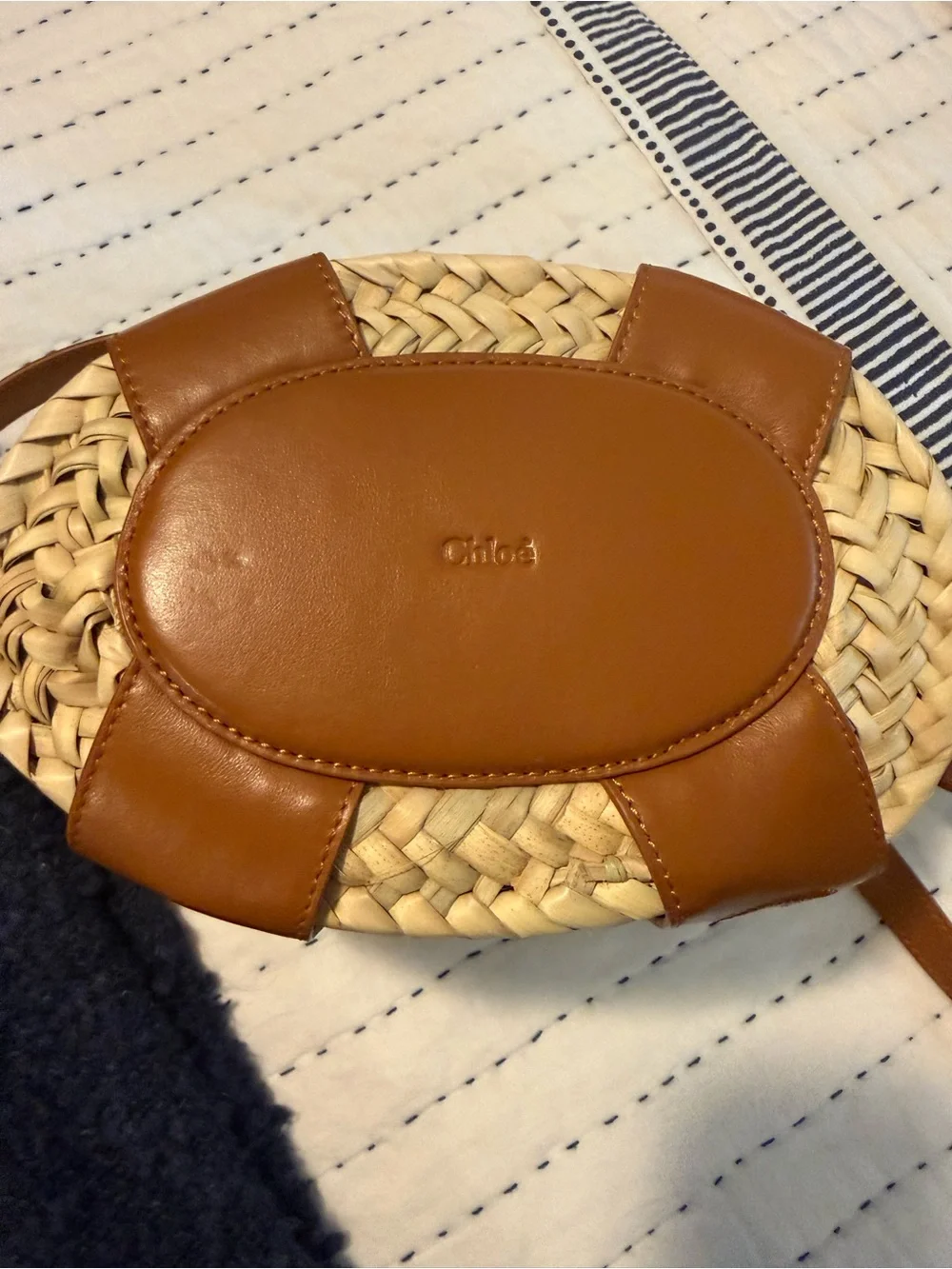 Chloé Raffia Basket Tote with Tan Leather Trim & Crossbody Strap